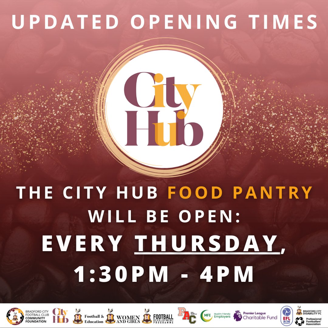 bcafc_cf's tweet photo. ☕️ | #CityHub 

ICYMI: The City Hub has new opening times:

🗓️ Monday - Wednesday: 11AM-3PM

🧑‍🤝‍🧑 #FriendshipCafe every Thursday: 11AM-1PM

🥫 All-new #foodpantry: 1:30PM-4PM

🌈 Friday starting 18th October: @TheRainbowCare1 #dementia day care club, 10AM-4PM

#Bantams | #BCAFC https://t.co/uHX7RITdRs