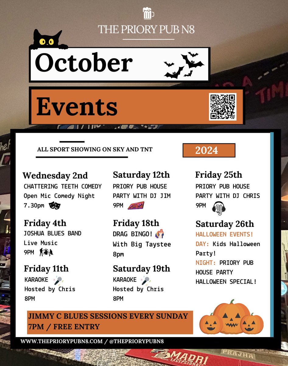 ThePrioryPubN8's tweet photo. Get ready for an exciting October at The Priory Pub N8! 🍂 Check out all our upcoming events this month and don’t miss out on the fun. See you there! 🍻 #ThePrioryN8 #OctoberEvents #LiveMusic #PubVibes https://t.co/Av4GVlawrI