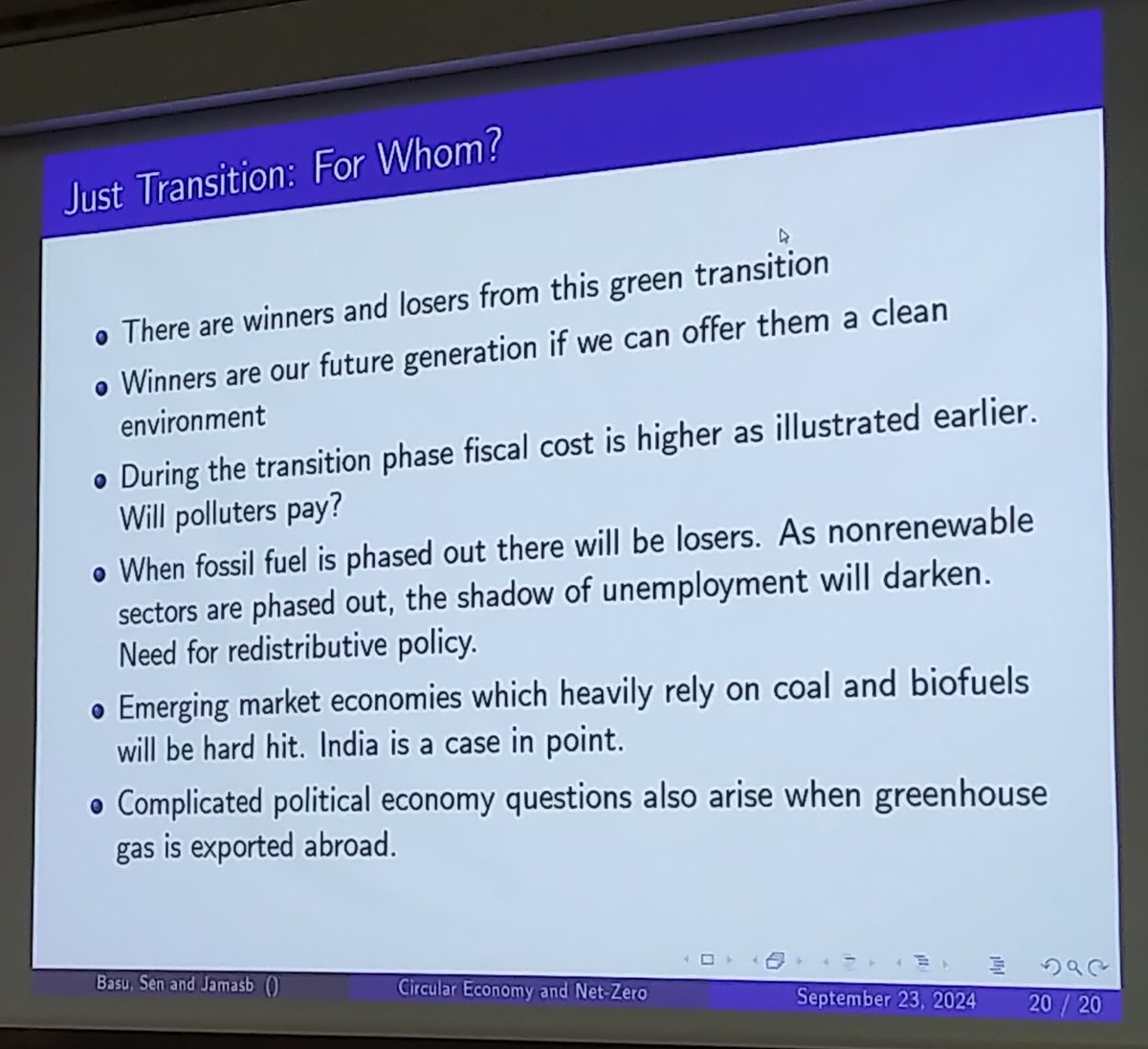 Jean-Michel Glachant (@jmglachant) on Twitter photo From P. Base, A. Sen & <a href="/TJamasb/">Tooraj Jamasb</a>
Costs of Transition, before looking at their allocation?
"Very sorry guys, market developing countries based on fossil fuels will suffer a lot in NZ transition. Take India as a case..."
At <a href="/CSEICBS/">Copenhagen School of Energy Infrastructure (CSEI)</a> 26 Sept. From P. Base, A. Sen & <a href="/TJamasb/">Tooraj Jamasb</a>
Costs of Transition, before looking at their allocation?
"Very sorry guys, market developing countries based on fossil fuels will suffer a lot in NZ transition. Take India as a case..."
At <a href="/CSEICBS/">Copenhagen School of Energy Infrastructure (CSEI)</a> 26 Sept.