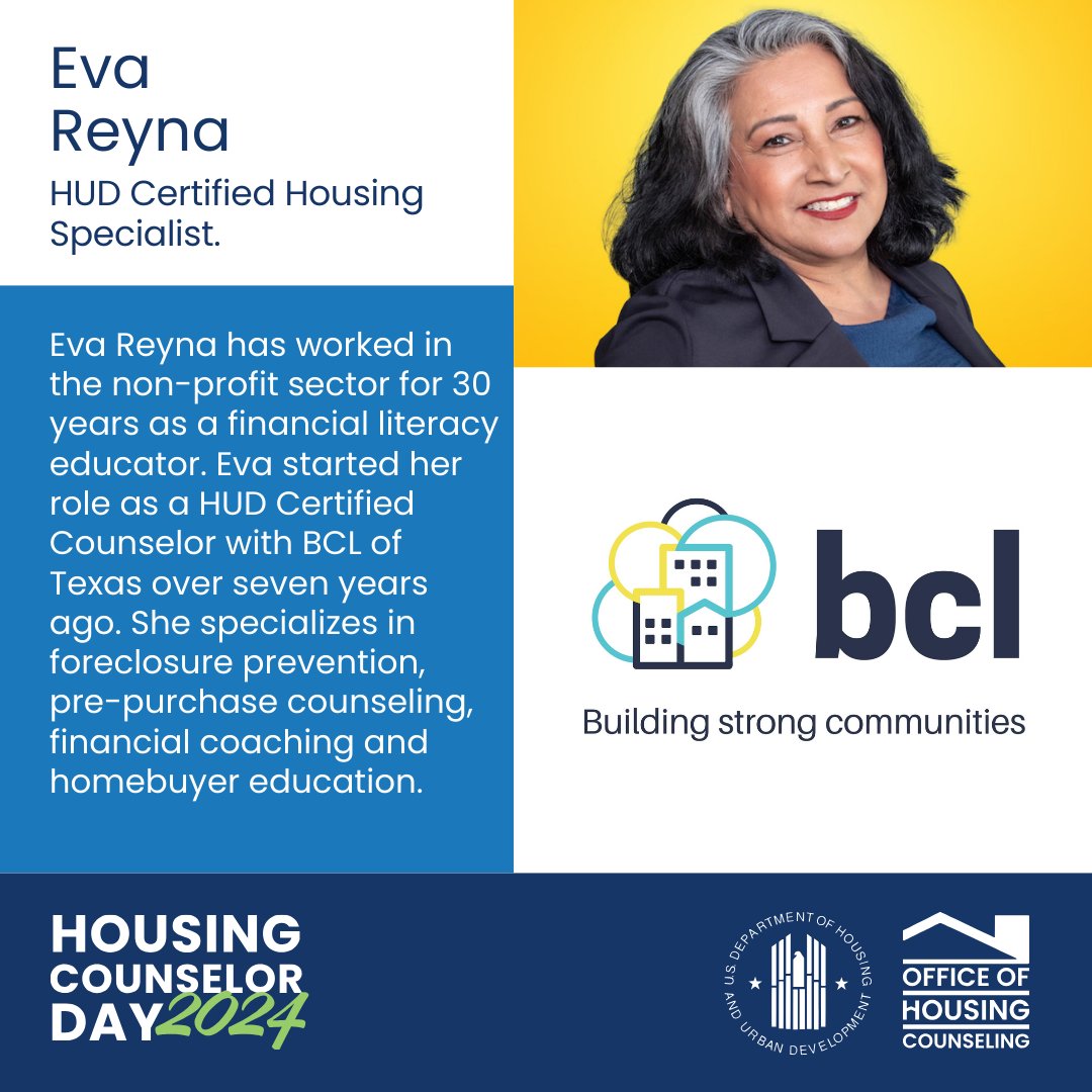 🏡 Celebrate Housing Counselor Day! Meet Eva Reyna, a HUD Certified Counselor at BCL of Texas, dedicated to helping you achieve homeownership and financial stability. Schedule a session with Eva today to achieve your homeownership goals.
#HousingCounselorDay #HomeownershipGoals