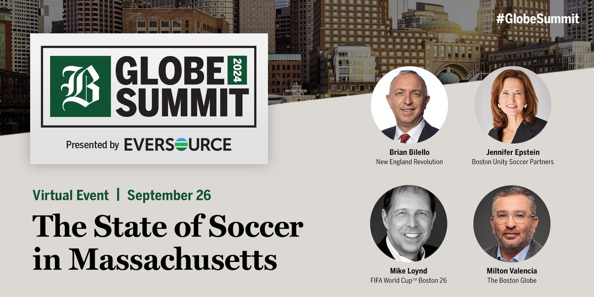 The Boston Globe (@bostonglobe) on Twitter photo Happening now: ⚽ President of <a href="/NERevolution/">New England Revolution</a> Brian Bilello shares his vision for soccer in Massachusetts with Jennifer Epstein from Boston Unity Soccer Partners and President of <a href="/FWC26Boston/">FIFA World Cup™️ Boston 2026</a> Mike Loynd.
Watch #GlobeSummit live: trib.al/PrPWuto Happening now: ⚽ President of <a href="/NERevolution/">New England Revolution</a> Brian Bilello shares his vision for soccer in Massachusetts with Jennifer Epstein from Boston Unity Soccer Partners and President of <a href="/FWC26Boston/">FIFA World Cup™️ Boston 2026</a> Mike Loynd.
Watch #GlobeSummit live: trib.al/PrPWuto
