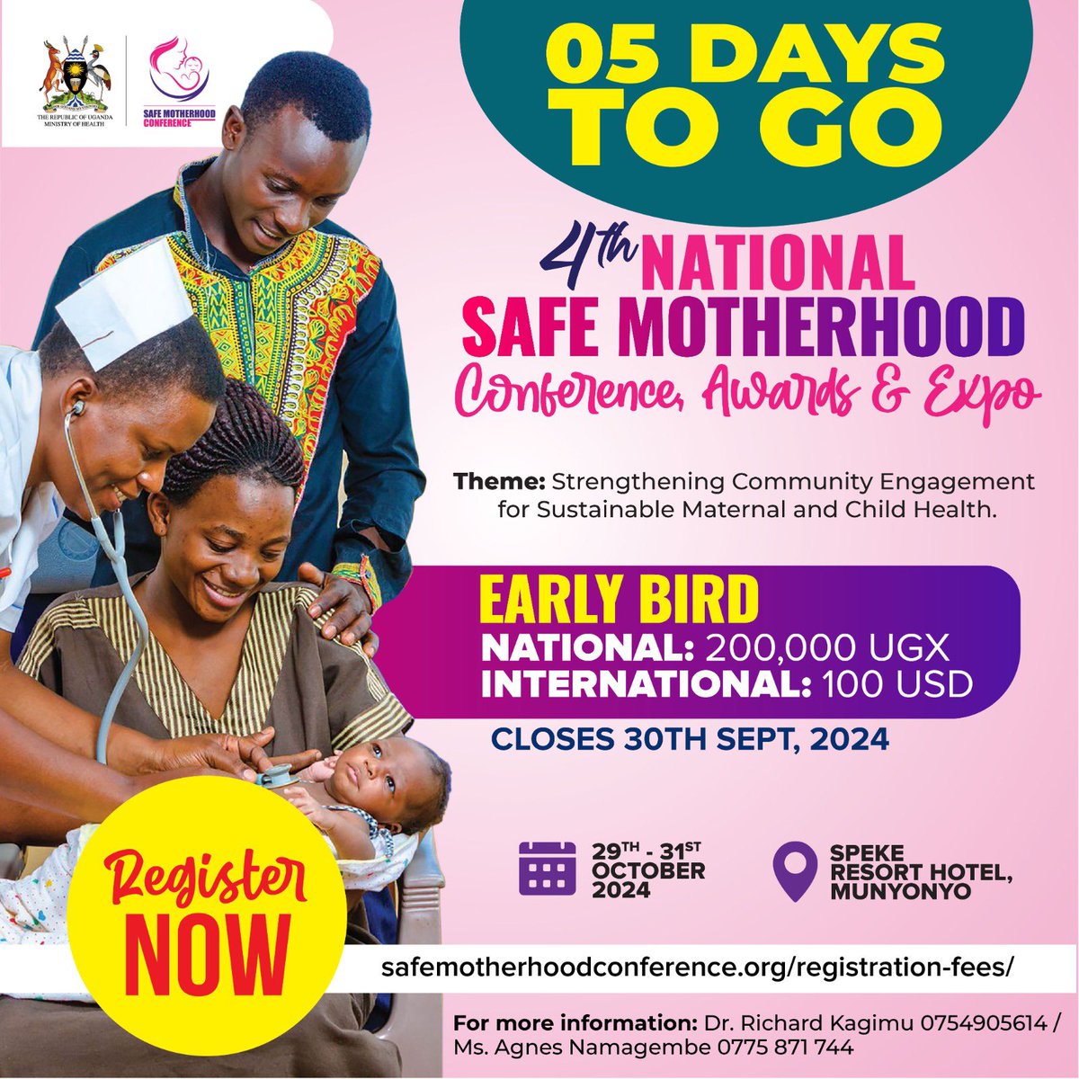 National Safe-Motherhood Expert Committee (NASMEC) (@nasmecug) on Twitter photo The 4th National Safe Motherhood Conference is around the corner. 🤝
Register and be with us at Speke Resort Hotel Munyonyo come 29th to 31st Oct 2024 as we continue to walk the safe motherhood journey together🤝<a href="/MinofHealthUG/">Ministry of Health- Uganda</a> <a href="/USAIDUganda/">USAID Uganda</a> <a href="/UNFPAUganda/">UNFPA Uganda</a> <a href="/MarieStopesUg/">Marie Stopes UG</a> <a href="/WHOUganda/">WHO Uganda</a> The 4th National Safe Motherhood Conference is around the corner. 🤝
Register and be with us at Speke Resort Hotel Munyonyo come 29th to 31st Oct 2024 as we continue to walk the safe motherhood journey together🤝<a href="/MinofHealthUG/">Ministry of Health- Uganda</a> <a href="/USAIDUganda/">USAID Uganda</a> <a href="/UNFPAUganda/">UNFPA Uganda</a> <a href="/MarieStopesUg/">Marie Stopes UG</a> <a href="/WHOUganda/">WHO Uganda</a>