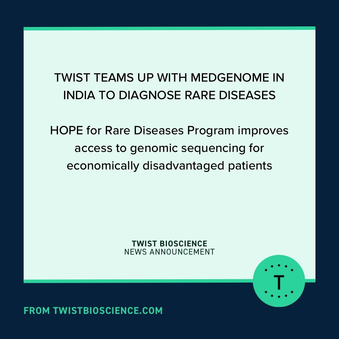 🌟 Exciting news! 🌟
We are partnering with <a href="/MedGenomeLabs/">MedGenome</a>, to establish the HOPE for Rare Diseases Program, which provides heavily discounted whole exome sequencing for economically disadvantaged families.
Read more about it on the #TwistBlog:
tinyurl.com/yc26erdx