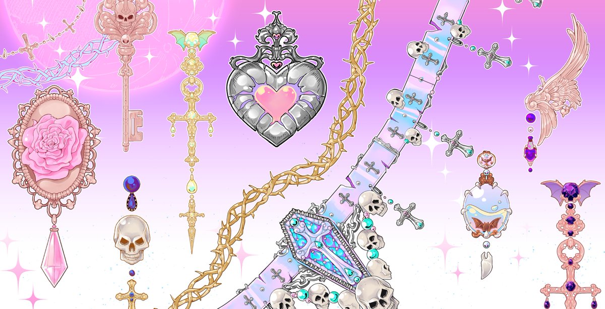 [ CLIPS TUDIO PAINT VAMPIRE JEWELS BRUSHES ]
Full Vampire / Gothic / Fantasy Set of decorated Jewels brushes!

964 brushes in total, including: gold, silver, rose gold and sometimes black metals and many different colors for each brush!

Finally on Acon!
acon3d.com/en/product/100…