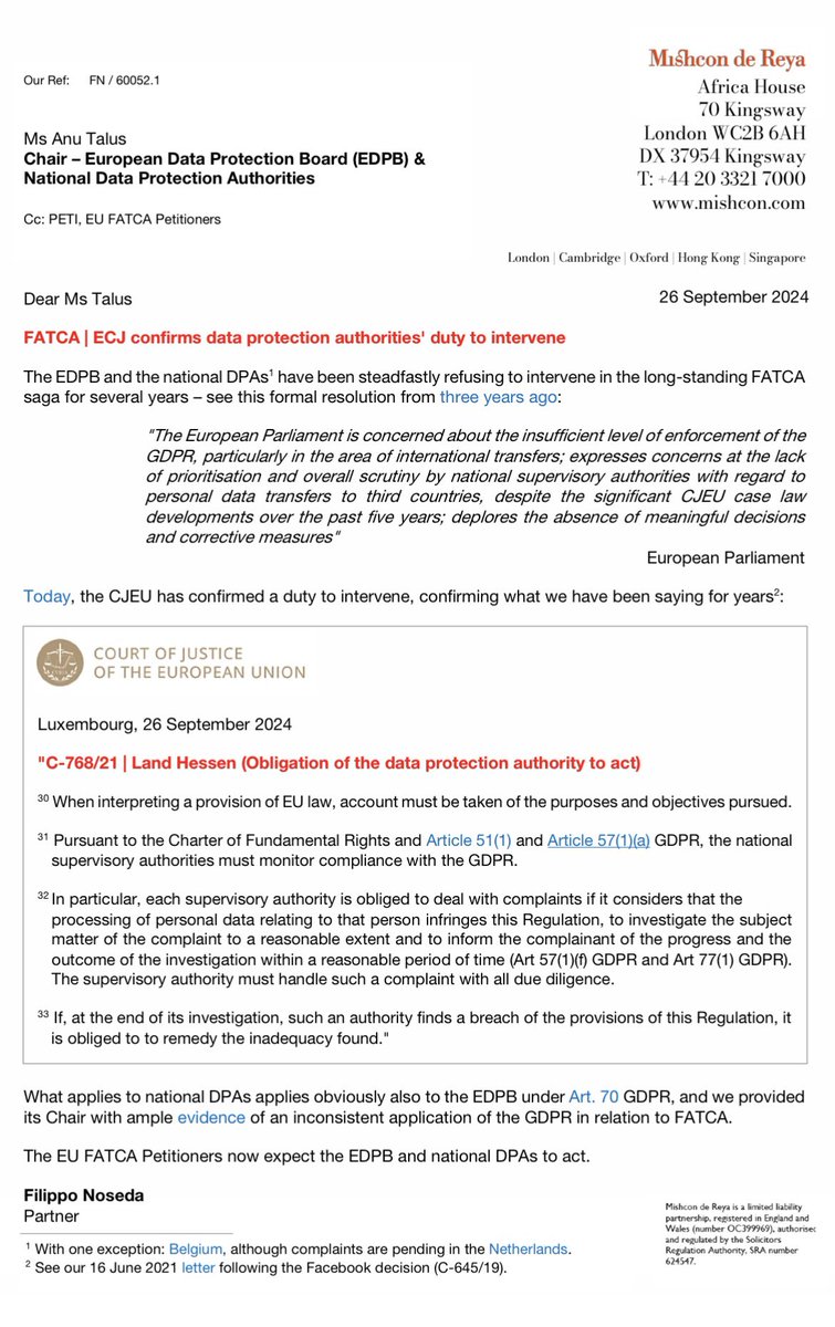 Today, the Court of Justice of the European Union confirmed national data protection authorities have a duty to intervene. The EU #FATCA Petitioners now expect <a href="/EU_EDPB/">EDPB</a> and national DPAs to act. #GDPR #DataBreach <a href="/EUparliament/">European Parliament</a> <a href="/VivianeRedingEU/">Viviane Reding</a> <a href="/DolorsMM/">Dolors Montserrat</a> <a href="/CeciliaWikstrom/">Cecilia Wikström, Beijerstiftelsen</a> <a href="/kalyeena/">Kalyeena Makortoff</a>