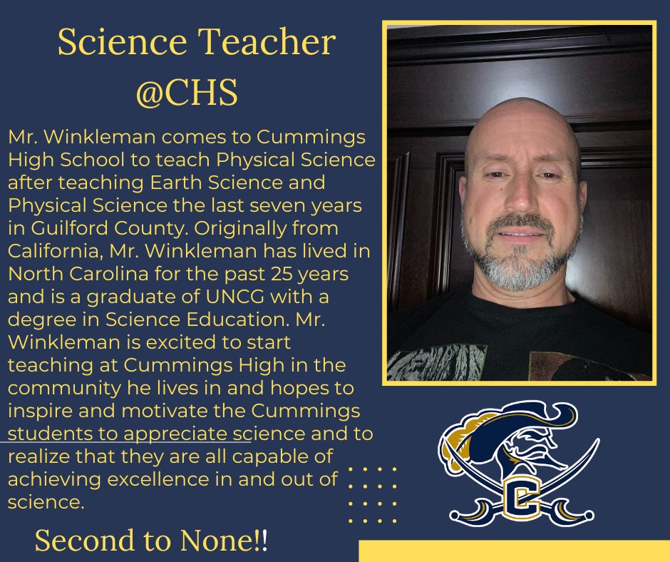 We are excited to announce that Mr. Erik Winkelman has joined our team as a Physical Science teacher!! Please join us in welcoming Mr. Winkleman to the Cummings High School Family! Second to None!