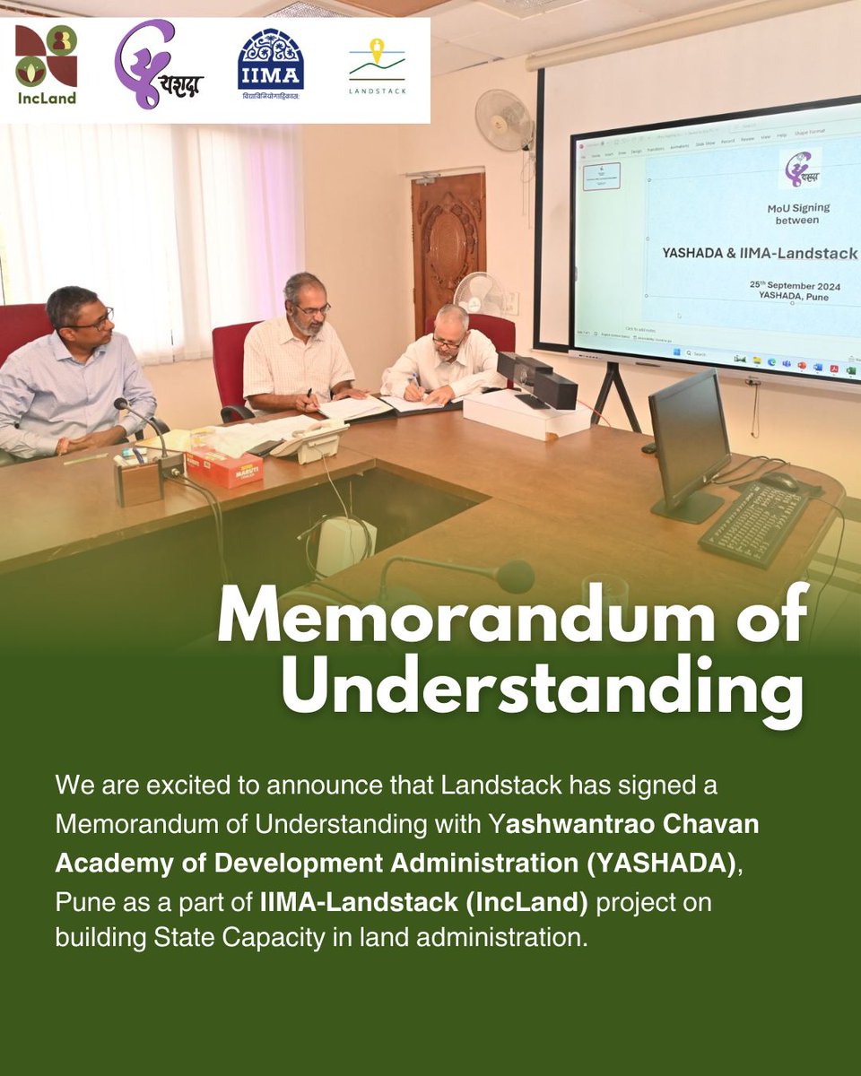 Center4Land's tweet photo. We are pleased to announce that Landstack has signed a MoU with Yashwantrao Chavan Academy of Development Administration (YASHADA), Pune, as part of IIMA-Landstack, IncLand project that aims at building state capacity to implement inclusive land administration.
#landadmin https://t.co/aziXlAe8x7