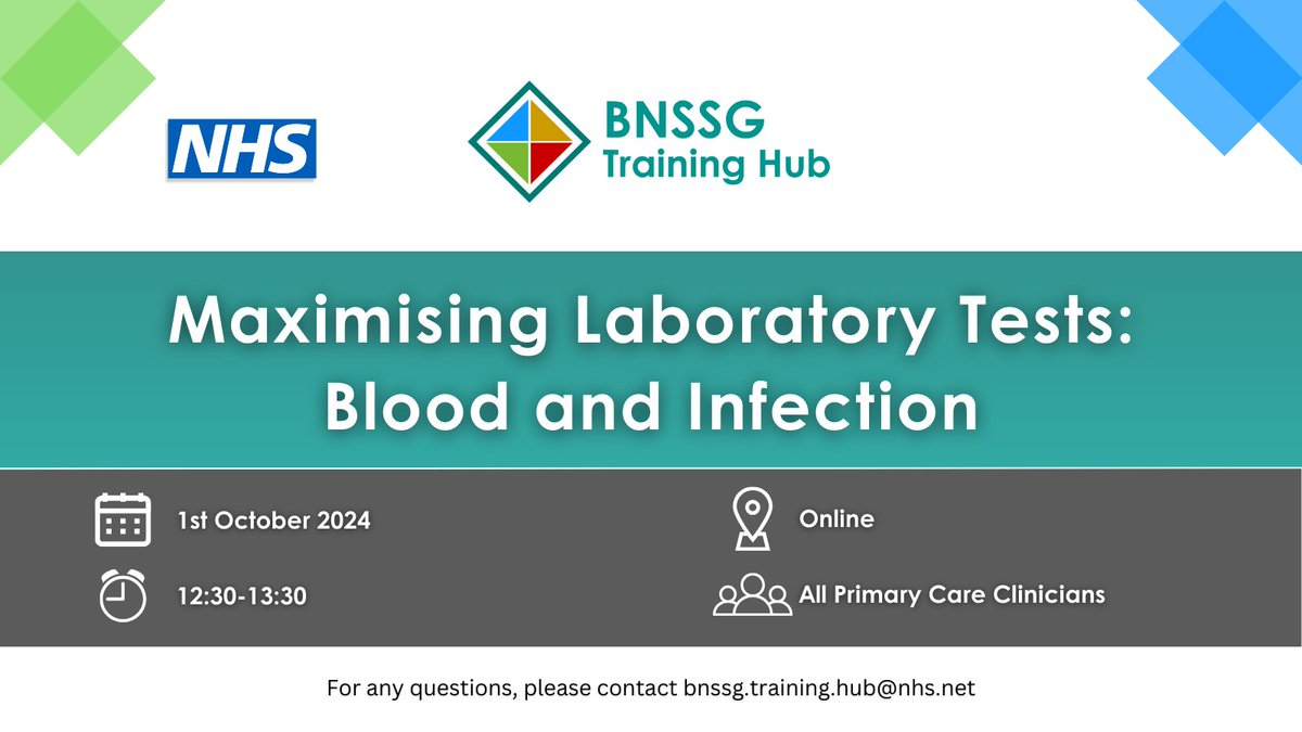 BNSSG_THub's tweet photo. 📆 Join us on 1st October 2024
➡ Getting the best out of your Laboratory Tests: Blood and Infection Science Sessions
👇 Sign up here
https://t.co/gswlSaZiq8
#BloodScience #InfectionScience #GPs #MedicalEducation #NHS https://t.co/G3fsPROsoX
