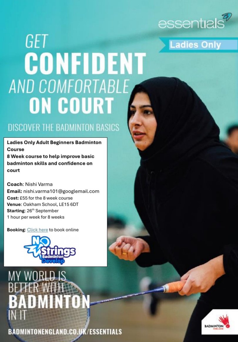 🏸 Ladies Only Adult Beginners Badminton Course! 🏸 Starting at Oakham School for the next 8 weeks. Ideal for beginners looking to develop their skills and confidence on the court. More details 👇