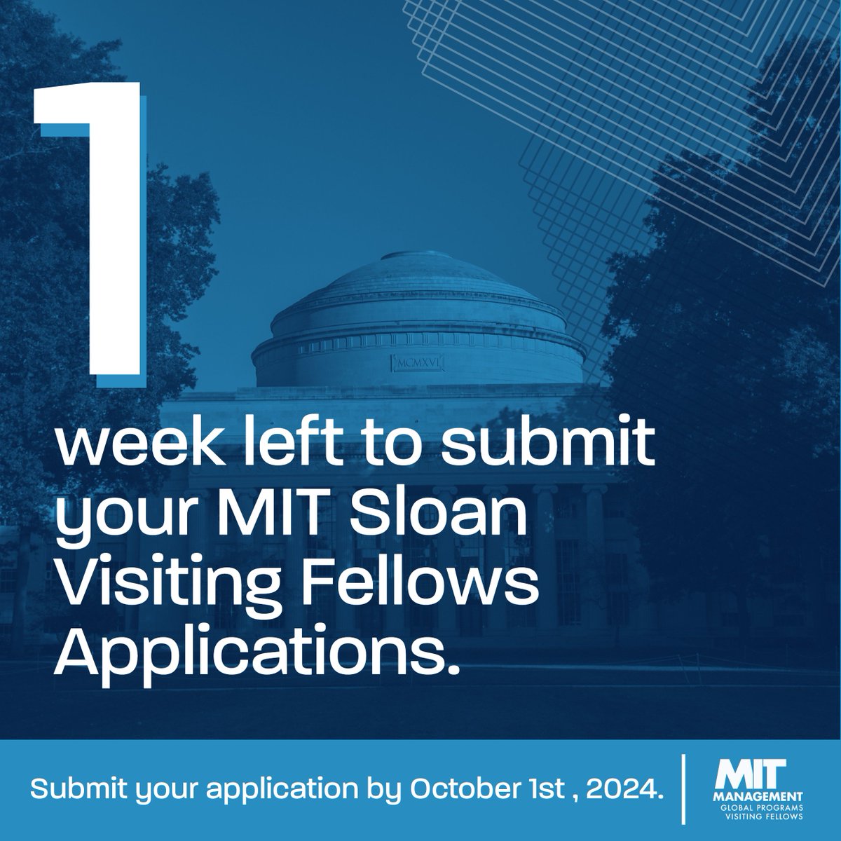 MITSloanGP's tweet photo. We are now just one week out from the MIT Sloan Visiting Fellows Program application deadline!

A reminder that partially completed applications will not be considered.

Add the finishing touches to your application &amp; press submit at the link below:

https://t.co/BaYByGH4c8 https://t.co/f2ANIpPWJj