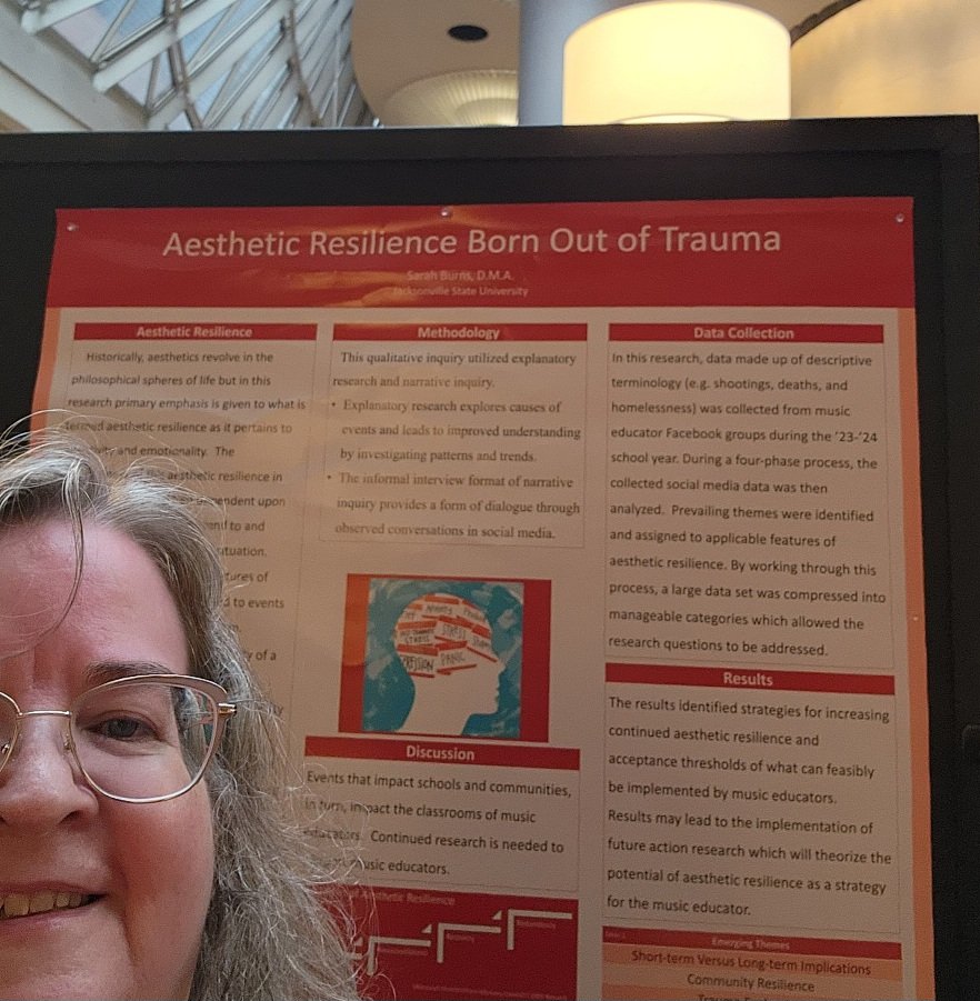 MusicalSojourn's tweet photo. Aesthetic Resilience Born Out of Trauma

The obligatory selfie from my poster session at #NAfME2024 #SMTE #SRTE #musedchat #musicteacher #musiceducation
#musicedresearch https://t.co/aFdjTCDexv