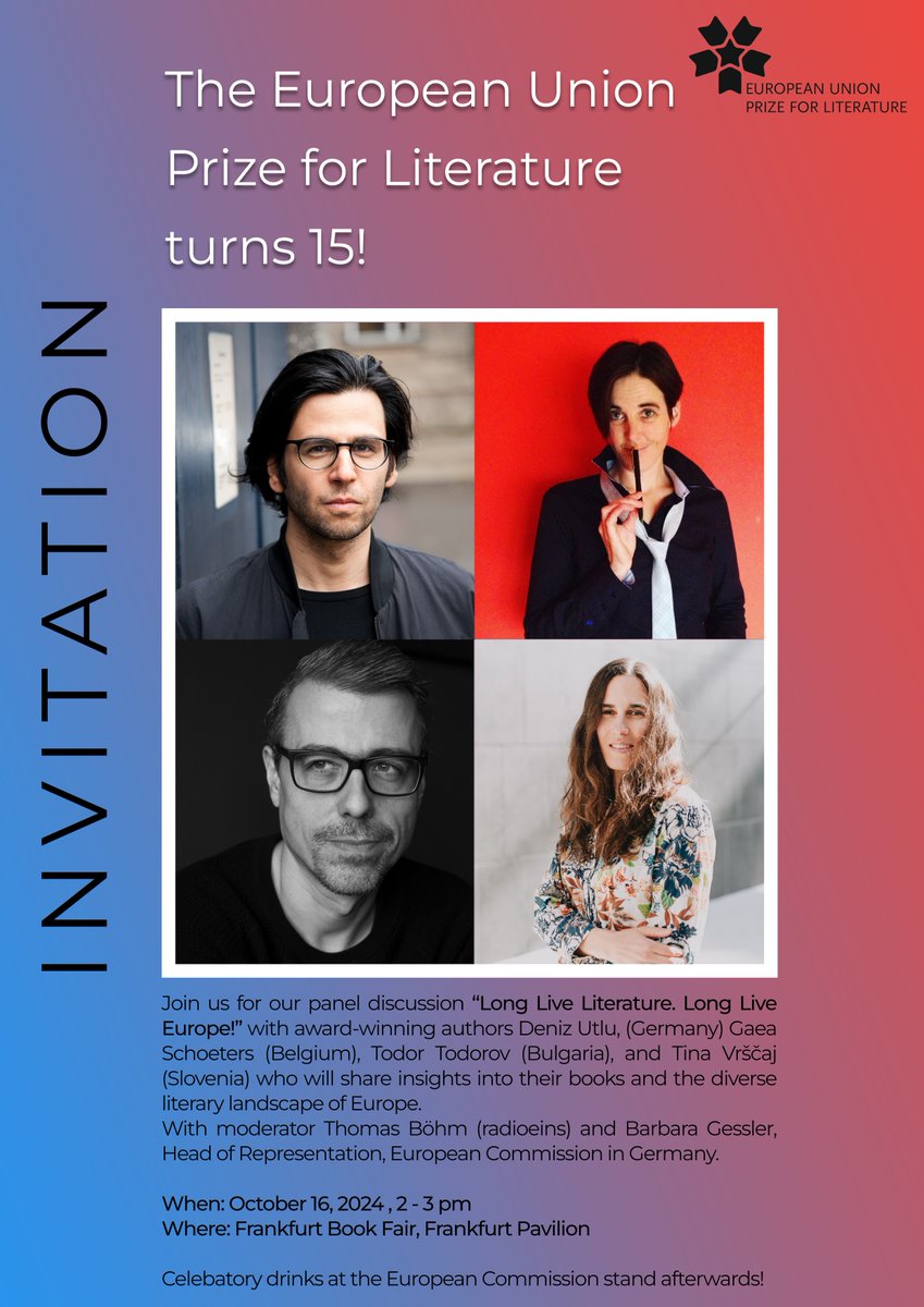 Join us on October 16th at 14:00 at <a href="/Book_Fair/">FrankfurterBuchmesse</a> in the Frankfurt Pavilion for a special panel with four #EUPL authors: <a href="/TodorPTodorov1/">Todor_P_Todorov</a>, <a href="/DenizUtlu/">Deniz Utlu</a>, <a href="/gaeaschoeters/">gaea schoeters</a> and Tina Vrščaj.  Let’s celebrate 15 years of the #EUPL! 📚🥂