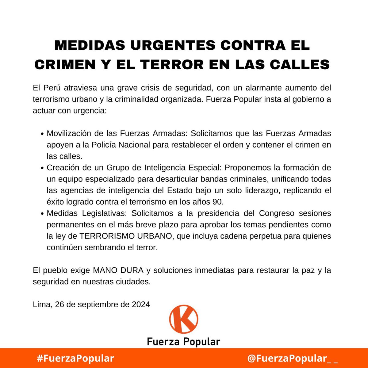 FuerzaPopular__'s tweet image. Exigimos MANO DURA y soluciones inmediatas para restaurar la paz y la seguridad en nuestras ciudades.