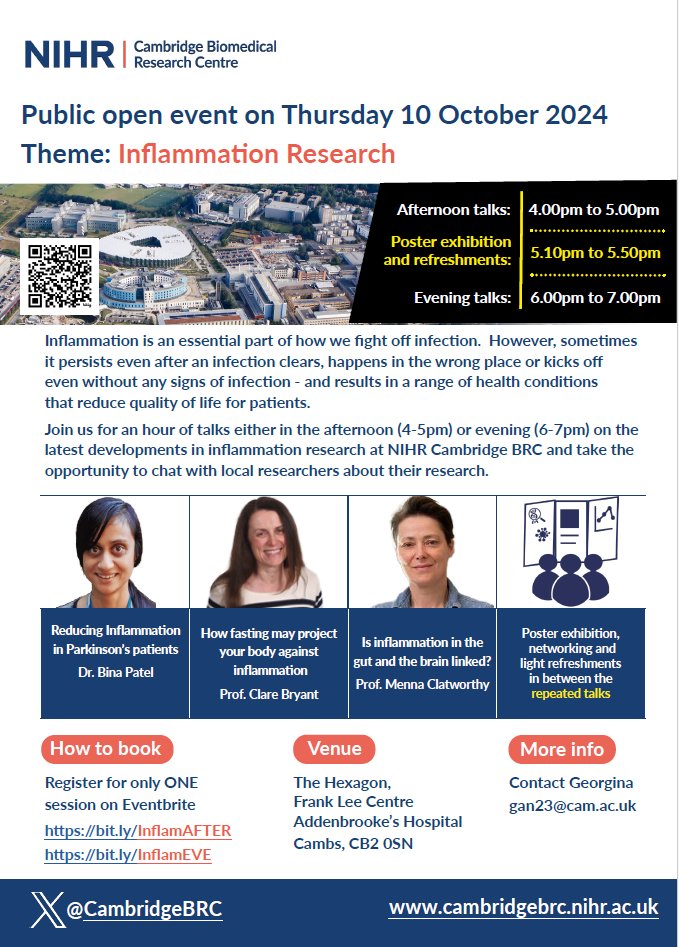 CambridgeBRC's tweet photo. Our popular open event is back! This year we’re at the Frank Lee Centre next to @CUH_NHS on 10 Oct where you’ll hear our latest #inflammation #research.
Tickets are limited, you can either join the 1hr talk at 4pm or 6pm. Posters &amp; refreshments available. https://t.co/7sYnk8UO4d https://t.co/kJ53Q5Izcm