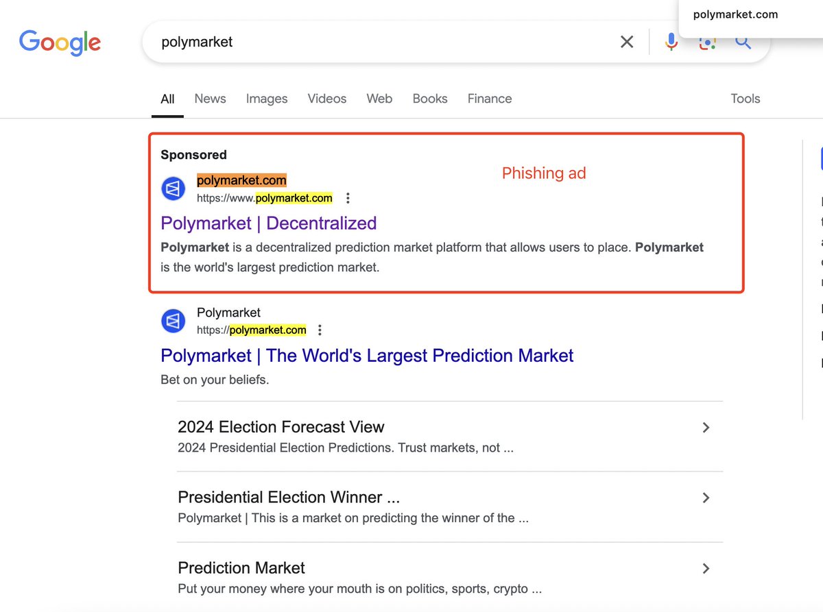 realScamSniffer's tweet image. 🚨 Phishing Alert: @Polymarket users targeted on Google search!
🔍 Protect your assets—avoid simple mistakes. Get our security extension now! 🛡️✨
Stay safe and alert! ⚠️