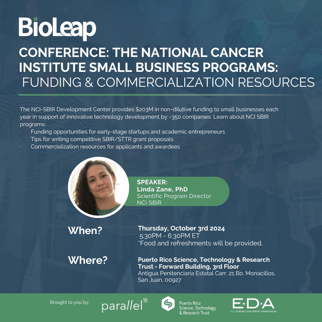 BioLeap (@bioleapstartups) on Twitter photo If you're interested in funding and commercialization opportunities through the NCI-SBIR Development Center for small business entrepreneurs, this conference led by Dr. Linda Zane, Scientific Program Director <a href="/theNCI/">National Cancer Institute</a> conference is for you.
🎟 RSVP here: lu.ma/qwy9twf8 If you're interested in funding and commercialization opportunities through the NCI-SBIR Development Center for small business entrepreneurs, this conference led by Dr. Linda Zane, Scientific Program Director <a href="/theNCI/">National Cancer Institute</a> conference is for you.
🎟 RSVP here: lu.ma/qwy9twf8