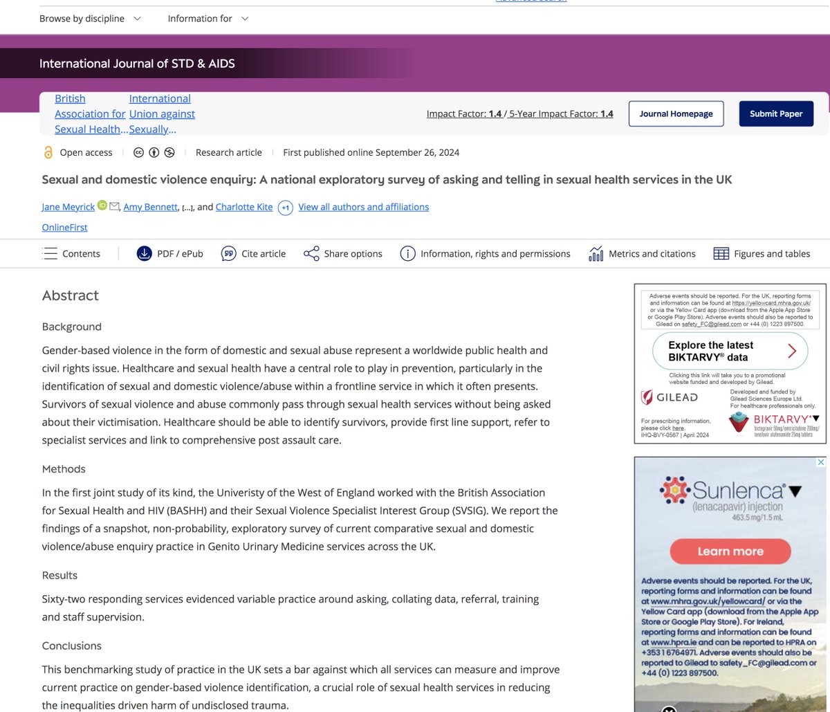 At last, great collaboration with @BASHH Sexual Violence SIG on Sexual &amp; domestic violence enquiry: asking and telling in UK sexual health services by Jane Meyrick <a href="/UWEHealthPsy/">UWE Health Psych</a>, Dr Amy Bennett,
<a href="/KyleMcG95/">Kyle</a>, Charlotte Kite, 2024 Funded by <a href="/BNSSG_ICB/">NHS Bristol, N Somerset & S Gloucestershire ICB</a> RCF journals.sagepub.com/doi/10.1177/09…