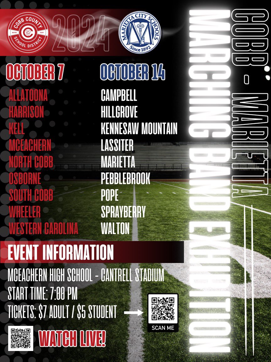 CobbInstMusic's tweet photo. Please join us on October 7 and October 14 at McEachern High School’s Cantrell Stadium. Ticket information available via QR code and at this link: https://t.co/3Uw7F4wuMt https://t.co/qGv70rkLN6