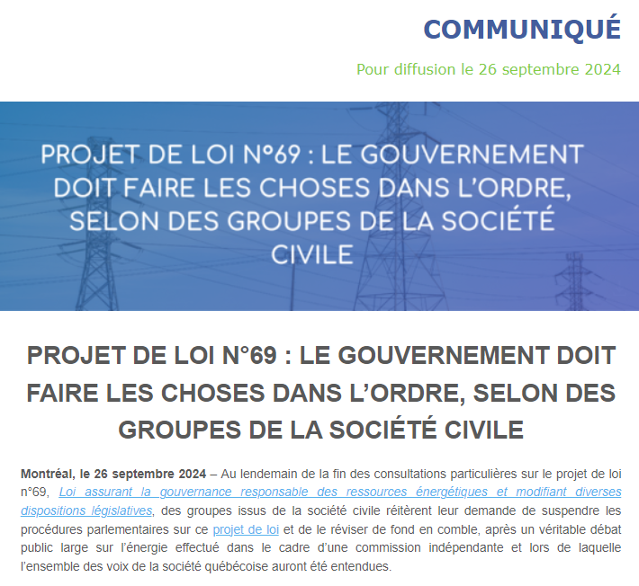COMMUNIQUÉ DE PRESSE - PL69
Des groupes issus de la société civile réitèrent leur demande de suspendre les procédures parlementaires sur ce projet de loi et de le réviser de fond en comble, après un véritable débat public : pourlatransitionenergetique.org/communique/ <a href="/PolQC/">PolQC</a>