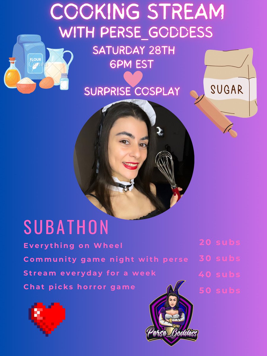 This Saturday the 28th, Perse is doing a cooking stream/subathon we will be baking brownies 👀 in a surprise cosplay ❤️ Don’t miss out, it will be a blast. Spread the word &amp; Retweet 🙏
.

twitch.tv/perse_goddess