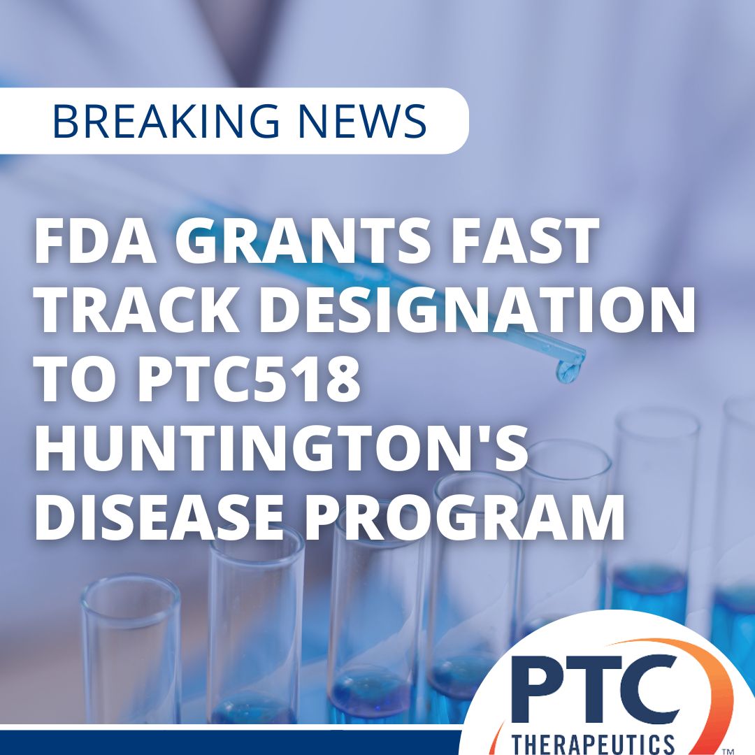 📢 Exciting News! FDA has granted Fast Track designation to PTC Therapeutics' PTC518, an investigational treatment for HD. This marks a major step forward in HD research, accelerating the development and review process. Read the full release here ➡️ bit.ly/3ZyXuGu