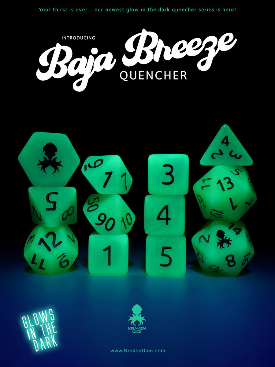 KrakenDice's tweet image. Quench you thirst for new #Dice with Baja Breeze from #KrakenDice our #Newest #GlowintheDark #DiceSet #DND #Pathfinder #RPG #TTRPG #DiceGoblin #NewDice #D20 #Natural20 #D2
