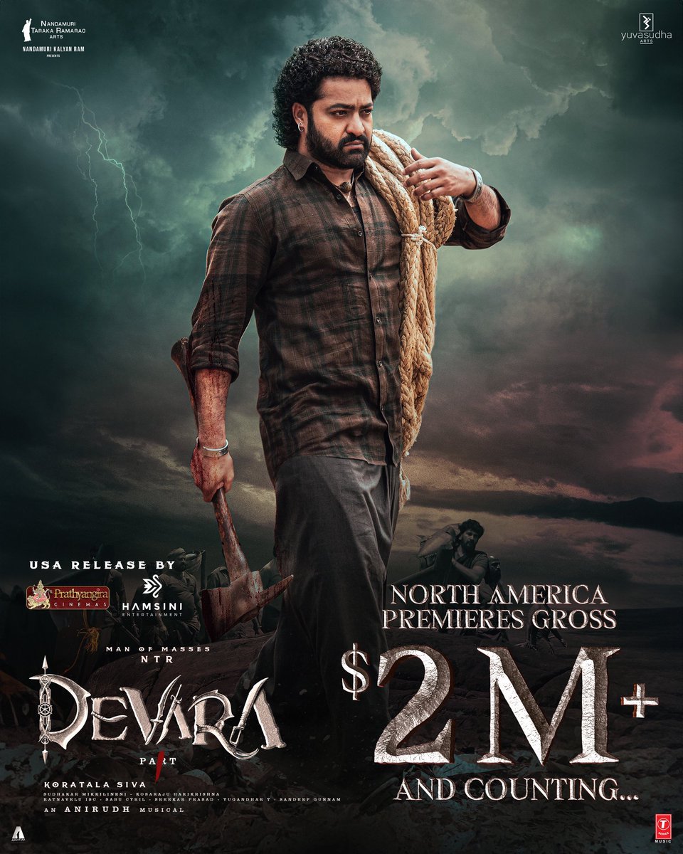 bandlanageshwar's tweet photo. Tiger Hunt has begun 🔥🔥🔥

#Devara storms $2,044,494 and counting … premieres at 573 North America locations @ 7.19 AM PST
Many yet to Report…

The sea is blue, But it’s his red sea. All Hail the Tiger ❤️‍🔥
#DevaraUSA #DevaraJaatharaBegins https://t.co/3w7002Ztci