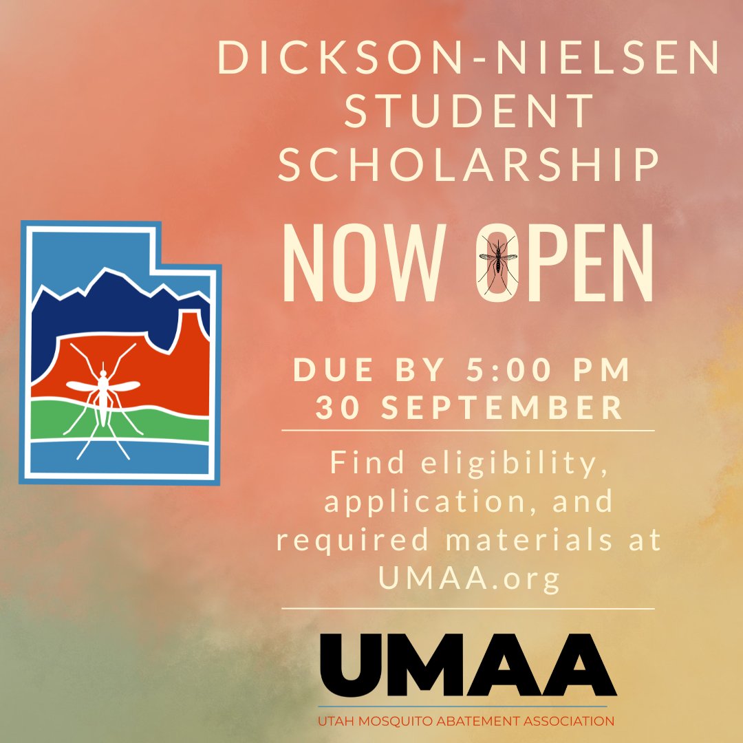 UtahMosquito's tweet photo. Next Monday (9/30) by 5 PM the Dickson-Nielsen Student Scholarship is due! https://t.co/ubZ3xxGCAd
#utahmosquitoes #scholarship #mosquitoes #entomology #studentsinstem https://t.co/nshQSaxw6E