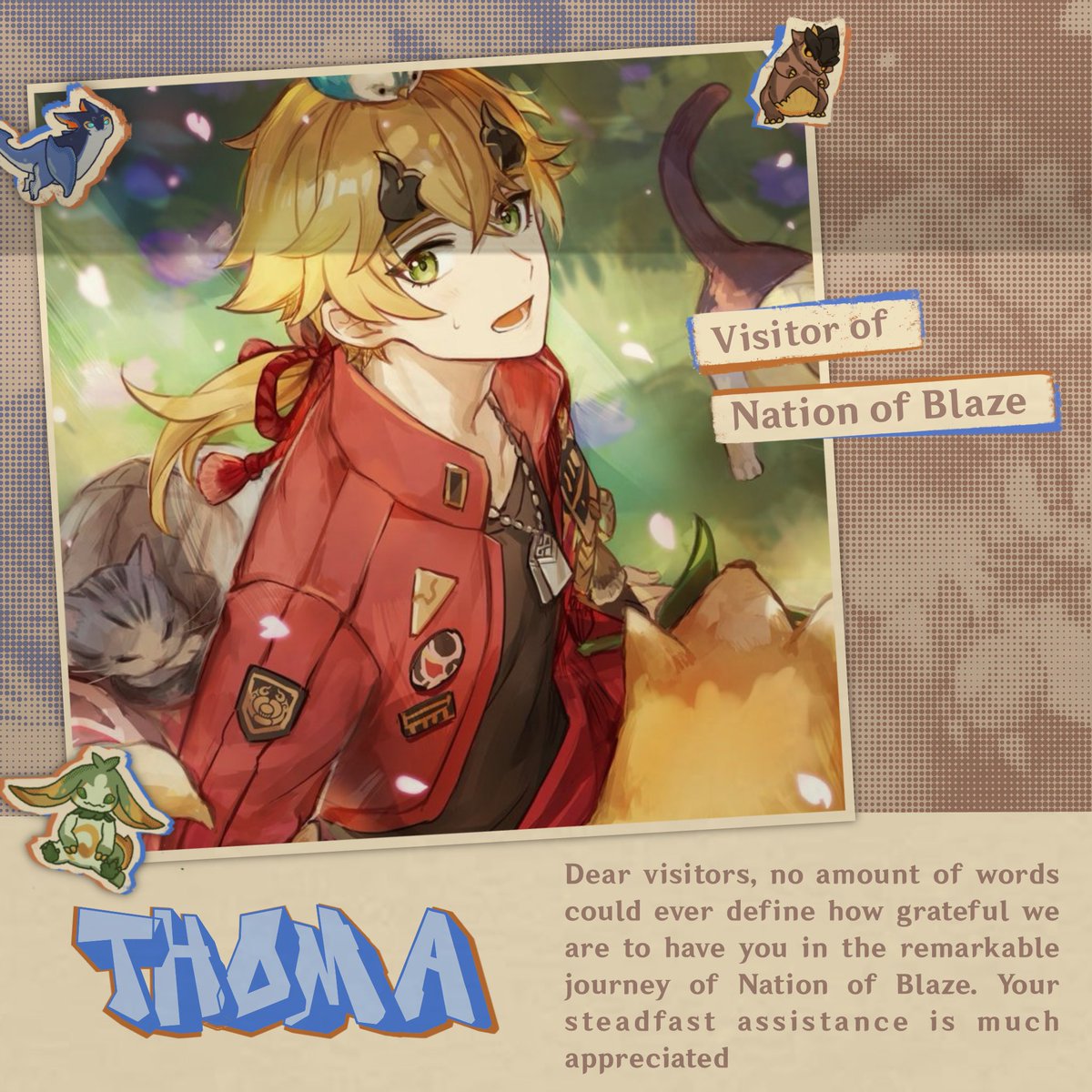 VisitorThoma's tweet photo. There are ridges of enjoyable things, experiences, and moments that we encountered together while adventuring in Natlan. I, Thoma, am so grateful to be a part of this adventure. I hope we can meet again in another adventure in the future! https://t.co/9fZwSw5Xc8