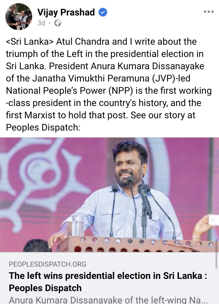 stopcollab's tweet photo. Red-brown racketeering #VijayPrashad endorses Sri Lanka’s Sinhala chauvinist and pro-Tamil genocidalist Dissanayake of the JVP. https://t.co/EEiBOy4yNb