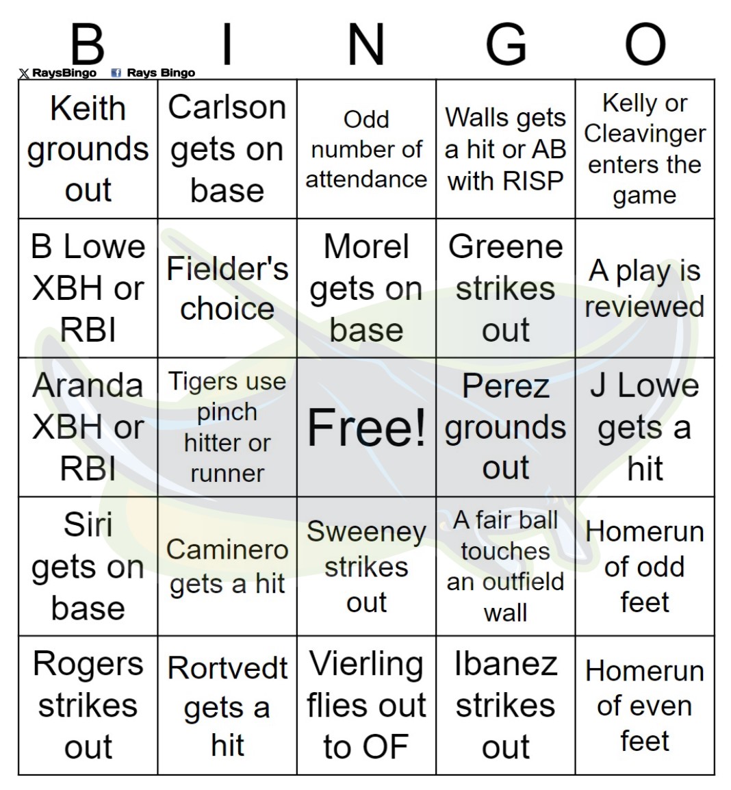RaysBingo's tweet photo. Rays vs Tigers bingo, 9/26/2024 https://t.co/Xg2vOrWnYK