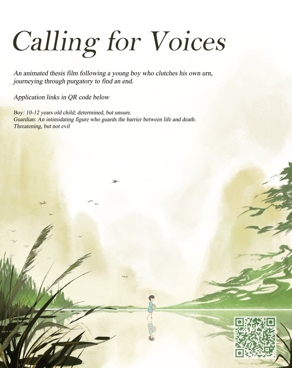 open casting call ‼️📢
we're looking for 2 voice actors for our upcoming animated thesis film! this is a paid opportunity (student budget), if you're interested please check out the qr code or link in the replies :)