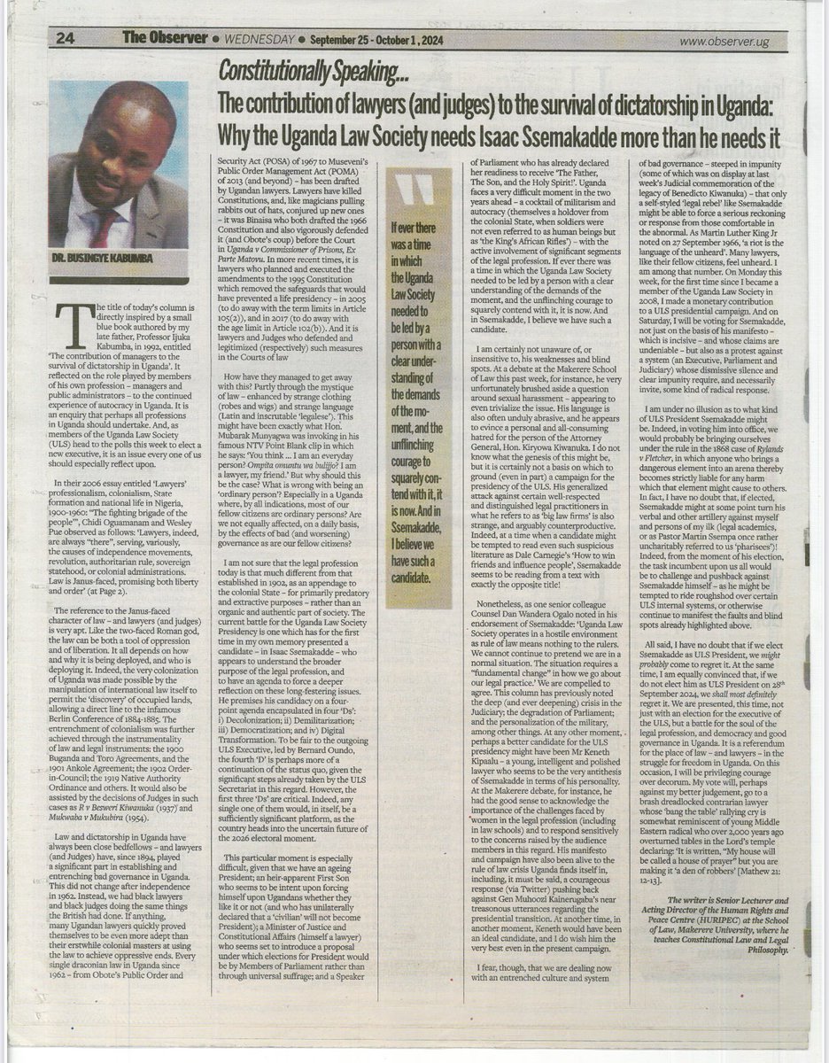For where we are as a country today, for what we owe our country tomorrow, for what needs to be done now, I will be voting #LegalRebel #BangTheTable
<a href="/IsaacSsemakadde/">Isaac Ssemakadde</a> for President <a href="/ug_lawsociety/">Uganda Law Society</a> #RuleOfLaw. 
 Thank you <a href="/bkabumba/">Dr Busingye Kabumba</a>