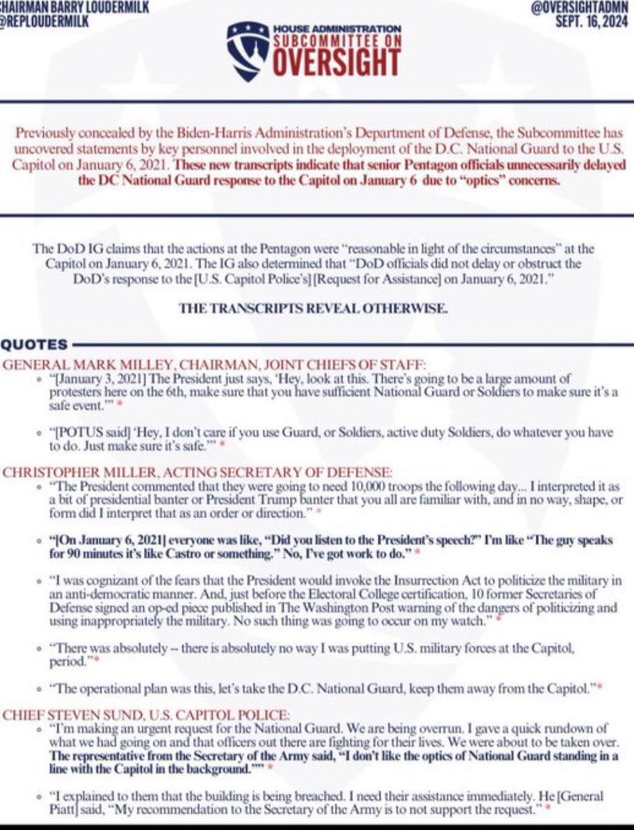 Real_RobN's tweet photo. And here it is, 

TRANSCRIBED INTERVIEWS HIDDEN FROM PUBLIC VIEW, 

CONFIRMS BEYOND THE SHADOW OF A DOUBT, 

The treasonous witch Nancy Pelosi instigated a criminal conspiracy to frame Donald J. Trump and MR. Liz Cheney covered it up. 

The MISSING Ornato,

A: Deputy Chief of Staff Anthony Ornato’s first transcribed interview with the J6 committee conducted on January 28, 2022. He testified Mark Meadows pushed D.C. Mayor Muriel Bowser for Trump’s call for 10,000 National Guard as she needed to protect the city from the FBI and the bitch refused.

B: TRANSCRIBED INTERVIEW HIDDEN FROM PUBLIC VIEW,

The missing Chairwoman, Joint Chief of Staff, 

MARK MILLEY (January 3,2021) “The President just says, ‘Hey, look at this. There’s going to be a large amount of protesters here on the 6th, make sure that you have sufficient National Guard or Soldiers to make sure it’s a safe event.’” 

“President Trump ‘Hey, I don’t care if you use Guard, or Soldiers, active duty Soldiers, do whatever you have to do. Just make sure it’s safe.’”

And now, arrest every single member of the Jan 6 coverup committee at once for the crimes of perjury, obstruction of justice, racketeering and conspiracy to defraud the United States government. Including Nancy Pelosi. But first MR. Liz Cheney.