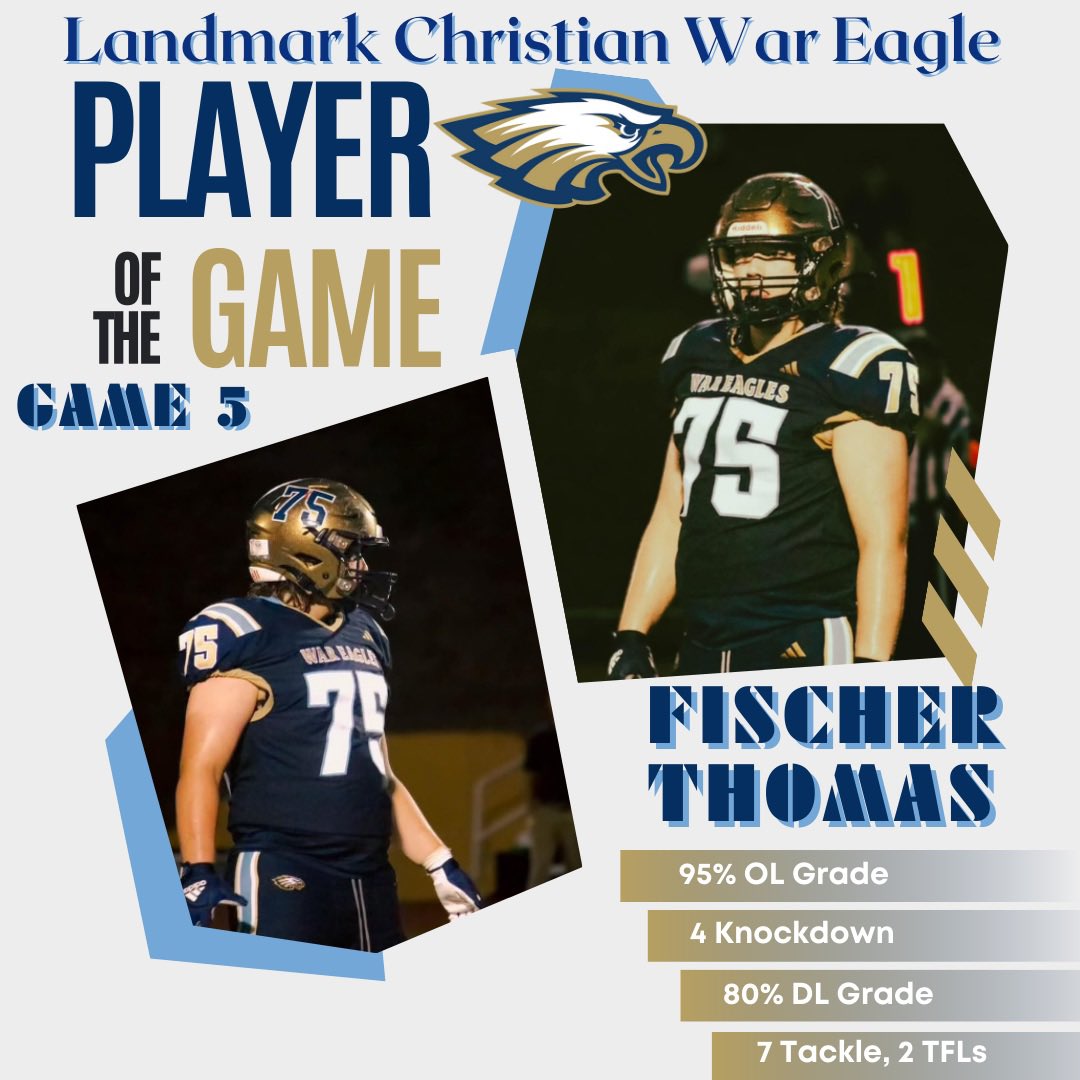 LCSWarEaglesFB's tweet photo. Help us congratulate our Week 5 Homecoming (win vs LOA) Hold The Rope, Special Teams, Defensive and Offensive Players of the game @bigbrew24 @jackson.bilotti @supersky_30 @robertmayfieldd and Player of the Game @fischer_2025. Great job gentlemen!! 🦅🏉 https://t.co/tVs7mv88DW