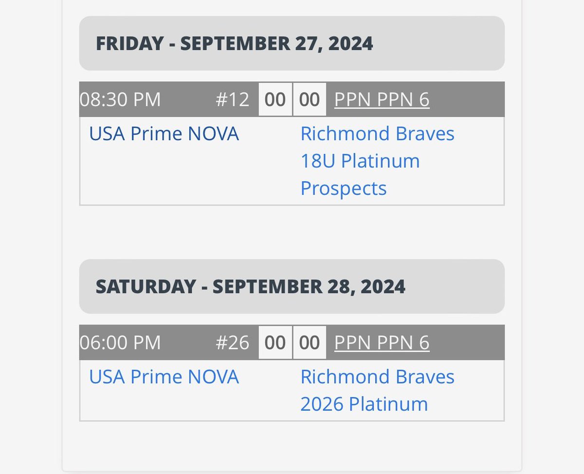 Noah Lacy (@coachlacy_nova) on Twitter photo @usaprimenova ‘25/‘26 schedule this weekend <a href="/PrepBaseballVA/">Prep Baseball Virginia/DC</a> #DCFallChampionship at Patriot Park
G1 - SP: <a href="/casey_15de/">Casey Lamb</a> (<a href="/PFHSBaseball/">PFHS Baseball</a> ) / RP: <a href="/Keithswanson_5/">Keith Swanson</a> (<a href="/HerndonBaseball/">Herndon Baseball</a>)
G2 - SP: <a href="/alex_russell26/">Alex Russell</a> (<a href="/SLakesbaseball/">South Lakes Baseball</a>) / RP: Zohair Poonawala (<a href="/BRHS_Baseball/">Broad Run HS ⚾️</a>)
#uncommitted @usaprimenova ‘25/‘26 schedule this weekend <a href="/PrepBaseballVA/">Prep Baseball Virginia/DC</a> #DCFallChampionship at Patriot Park
G1 - SP: <a href="/casey_15de/">Casey Lamb</a> (<a href="/PFHSBaseball/">PFHS Baseball</a> ) / RP: <a href="/Keithswanson_5/">Keith Swanson</a> (<a href="/HerndonBaseball/">Herndon Baseball</a>)
G2 - SP: <a href="/alex_russell26/">Alex Russell</a> (<a href="/SLakesbaseball/">South Lakes Baseball</a>) / RP: Zohair Poonawala (<a href="/BRHS_Baseball/">Broad Run HS ⚾️</a>)
#uncommitted