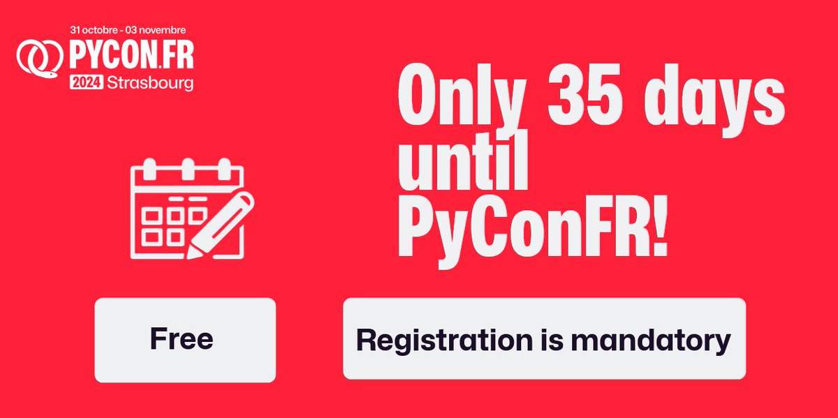pyconfr's tweet image. 🇬🇧 Want to dive into the world of Python? Don't miss the #PyConFR 2024 in Strasbourg!
Join us from 10/31 to 11/3 for sprints and conferences! Registration is free, but essential to reserve your place.
To register, go to: lstu.fr/Pzp8wu6M