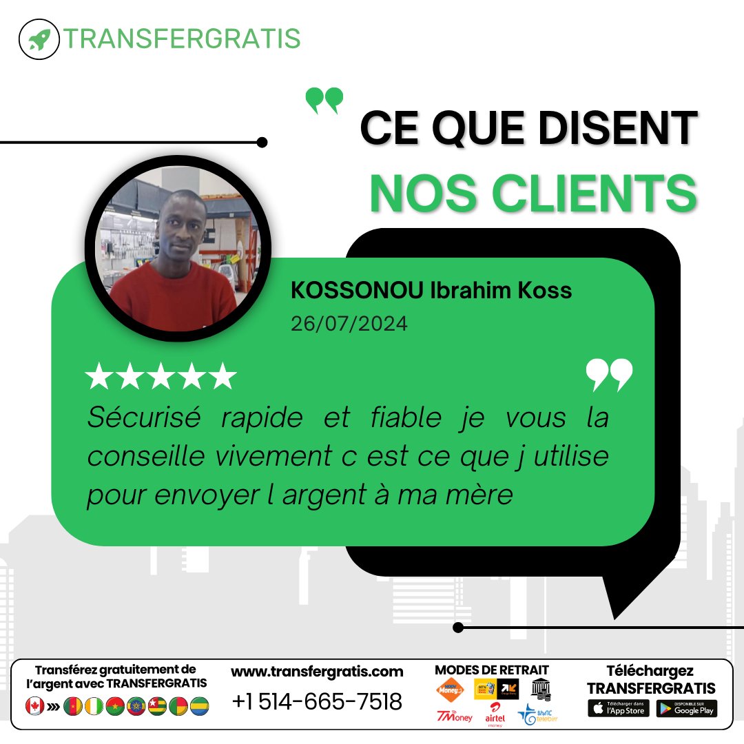 transfergratis's tweet photo. Comme Kossounou Ibrahim Koss, choisissez Transfergratis pour des transactions rapides, sécurisées et gratuite au taux du jour !
Google Playstore https://t.co/CBdD1rGt1l
App store https://t.co/bfOLs5hP3k
#Transfergratis #TransfertDargent #Témoignage #Gratis #Canada #Afrique https://t.co/p5Lr3t5K3R
