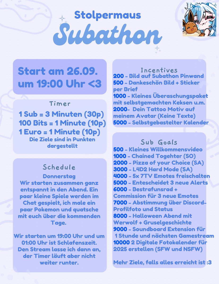 Auch wenn mein Twitter Account ziemlich auf Eis liegt, heute startet mein Subathon und ihr seid herzlich eingeladen dabei zu sein ❤️