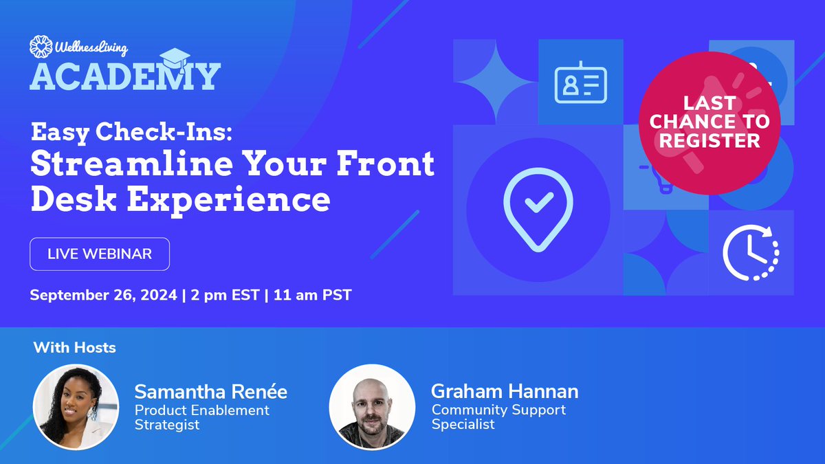 WL_software's tweet image. Upgrade your check-in process with our latest tools! 🚀 From self check-ins to staff-assisted methods, we’ll cover it all on Sept 26. 

It’s your last chance to register ➡️ bit.ly/3MN5ZWV 

#WellnessLivingAcademy #CheckInMethods #SetUpForSuccess #WellnessLivingSoftware