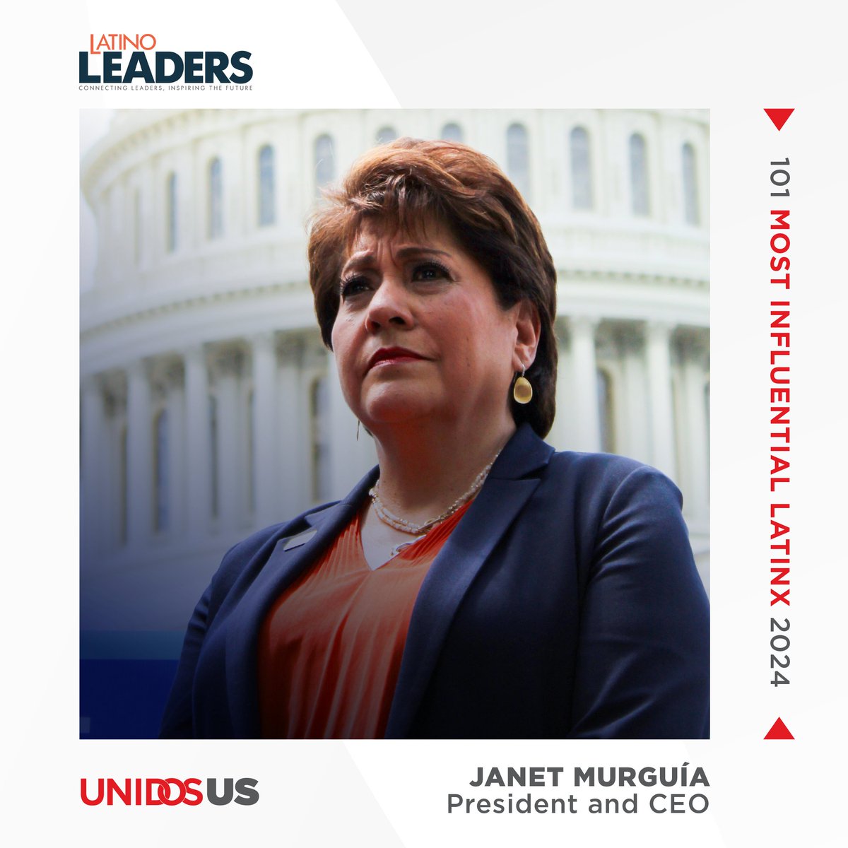 Congratulations to our President and CEO, <a href="/JMurguia_Unidos/">Janet Murguía</a>, for being named one of <a href="/LatinoLeadersUS/">Latino Leaders</a>'s 101 most influential Latinxs of 2024! Her leadership has been vital in ensuring that our community’s voice is heard. We are proud to celebrate her!
