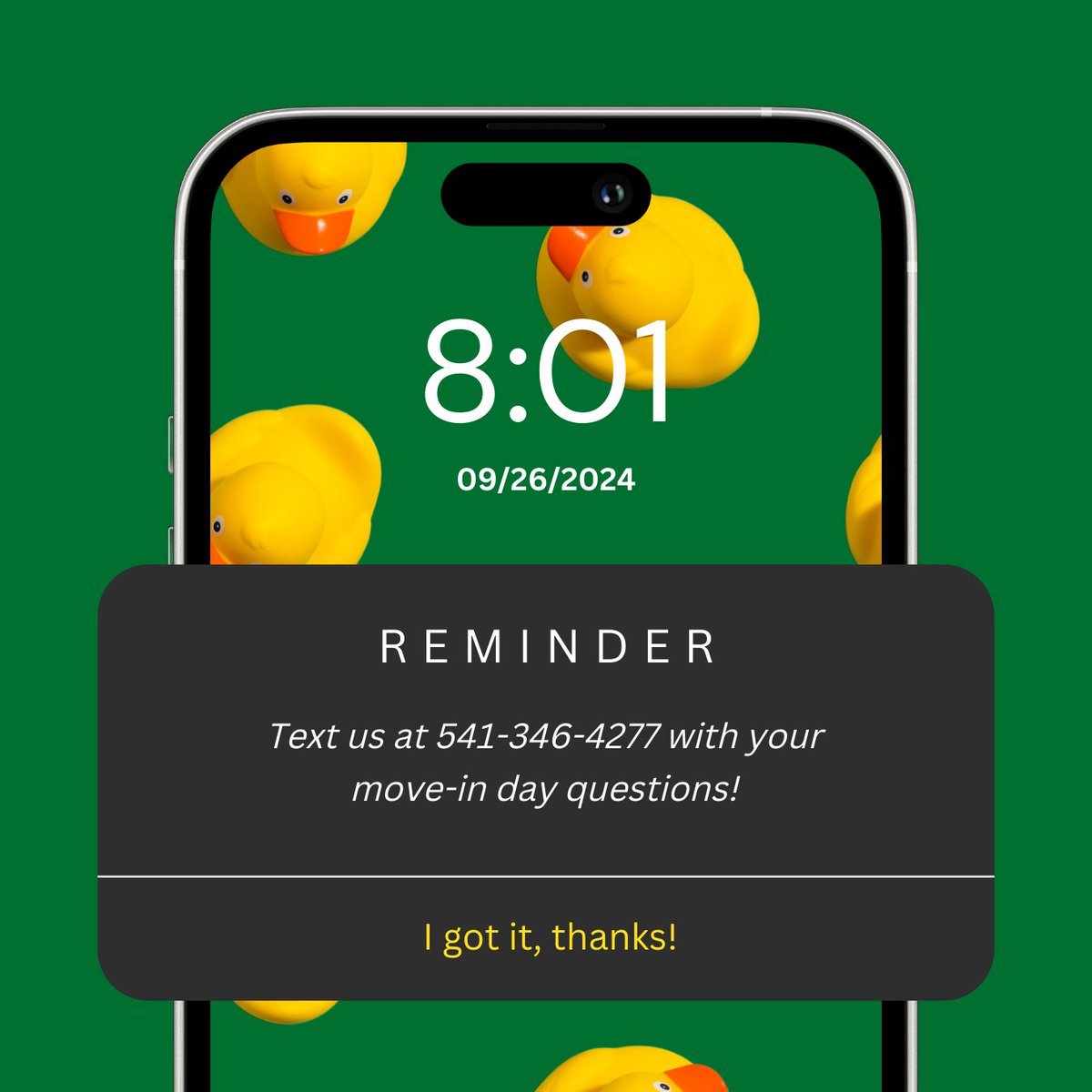 uohousing's tweet image. Have questions during Unpack the Quack? Our University Housing Front Desk student and professional staff will operate exclusively in the Student Welcome Center from 9:00 a.m. to 5:00 p.m. Not able to stop by? Just send a text message to 541-346-4277 and we will gladly assist!