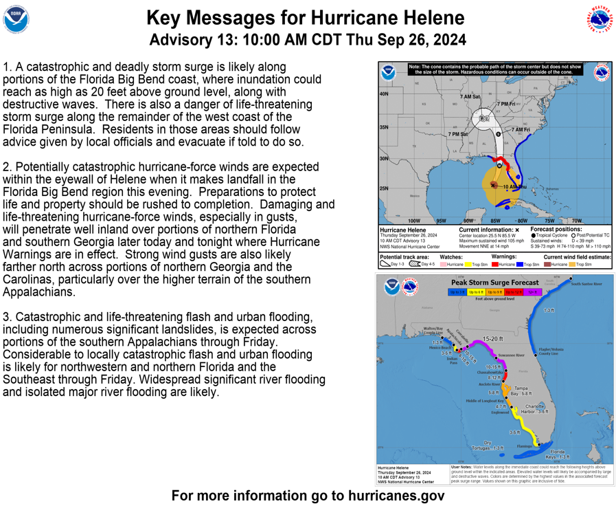 NHC_Atlantic's tweet photo. Very large Hurricane #Helene strengthening and expected to make landfall as a major hurricane in the Florida Big Bend region this evening.  A catastrophic and deadly storm surge is likely.  Preparations should be rushed to completion. Here are the latest Key Messages.   https://t.co/Wq6ZtKgfeH
