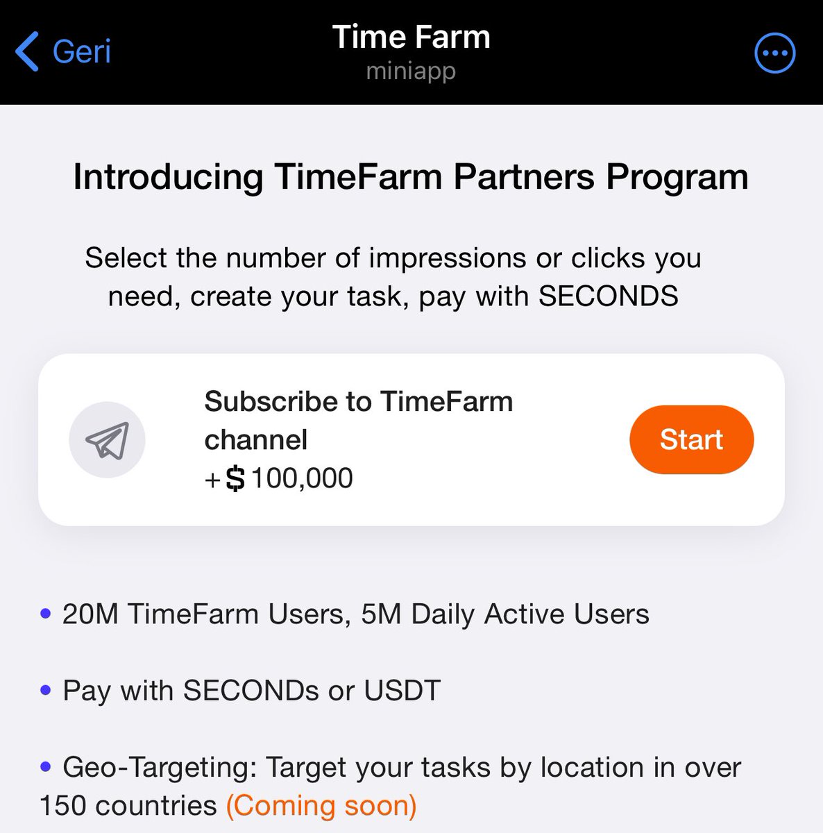 TimeFarm will now allow individual users to create their own ads. You can get 7,500 clicks for 1,500,000,000 $SECOND. Or you have to pay $5,000 for it.

<a href="/TimeFarmApp/">Time Farm</a>