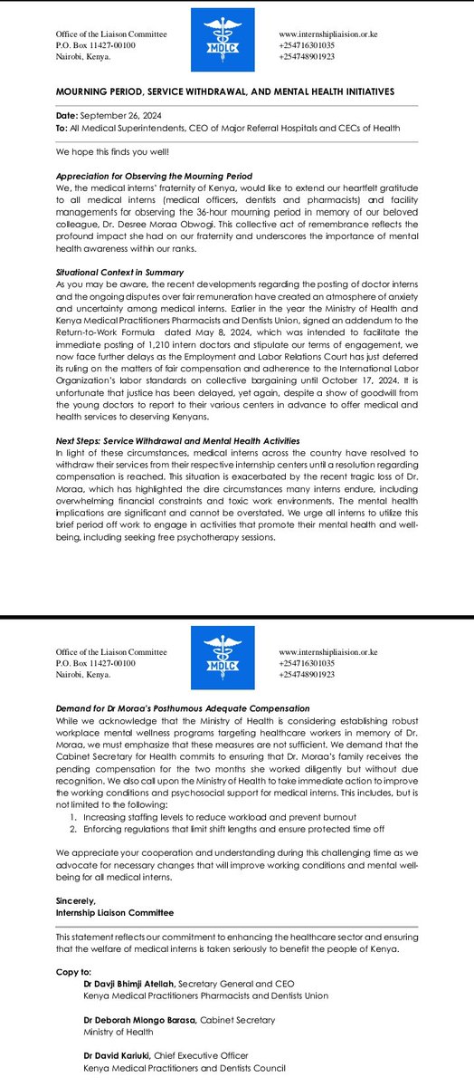 Medical Interns have officially downed their tools until our payment has been sorted out. We cannot keep slaving for a system that doesn't care, our lives and mental health matter.

#RIPDrMoraa
#ImplementCBA2017