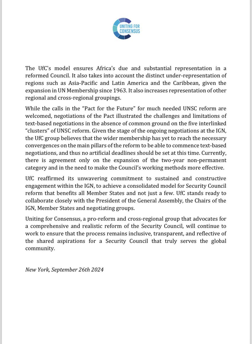 SpainUN's tweet photo. Spain, as part of Uniting for Consensus, advocates for #UNSCforAll that ensures accountability to a wider membership. Spain supports the abolition of veto and will engage in all initiatives to limit the use of veto.
๐๐ปRead the Joint Statement by UfC ๐ช๐ธ ๐ฆ๐ท๐จ๐ฆ๐จ๐ด๐จ๐ท๐ฎ๐น๐ฒ๐น๐ฒ๐ฝ๐ต๐ฐ๐ฐ๐ท๐ธ๐ฒ๐น๐ท https://t.co/OkldED3Uxn