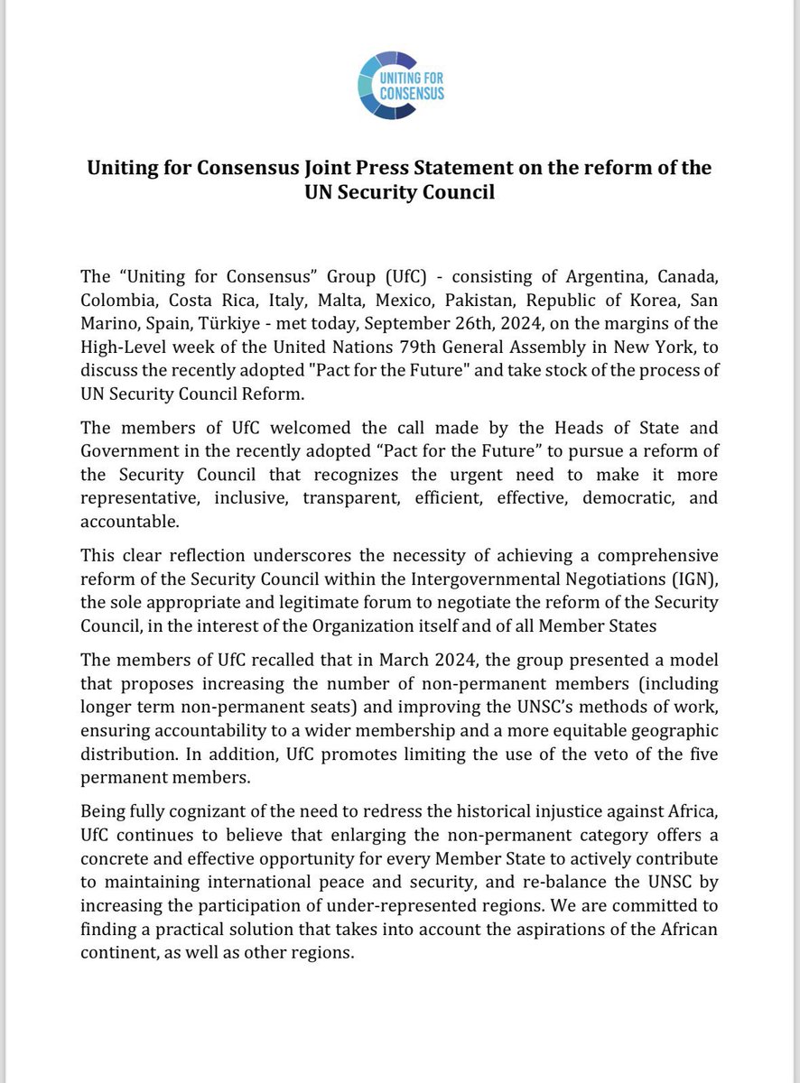 SpainUN's tweet photo. Spain, as part of Uniting for Consensus, advocates for #UNSCforAll that ensures accountability to a wider membership. Spain supports the abolition of veto and will engage in all initiatives to limit the use of veto.
๐๐ปRead the Joint Statement by UfC ๐ช๐ธ ๐ฆ๐ท๐จ๐ฆ๐จ๐ด๐จ๐ท๐ฎ๐น๐ฒ๐น๐ฒ๐ฝ๐ต๐ฐ๐ฐ๐ท๐ธ๐ฒ๐น๐ท https://t.co/OkldED3Uxn