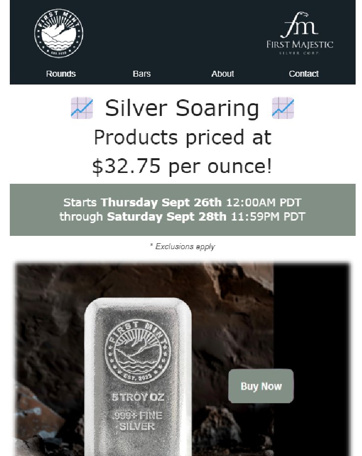 First Majestic (@fmsilvercorp) on Twitter photo Flash Sale! <a href="/FirstMintLLC/">First Mint</a> Cast Collection (5oz, 10oz, kilo bars) $32.75/oz💥Sale starts today @ 12:00AM PDT and ends Sept 28th @ 11:59PM PDT.
Shop here now: firstmint.com
<a href="/FMSilverCorp/">First Majestic</a> $AG <a href="/keith_neumeyer/">Keith Neumeyer</a> #TripleDigitSilver #GotSilver #BuyPhysical #PreciousMetals Flash Sale! <a href="/FirstMintLLC/">First Mint</a> Cast Collection (5oz, 10oz, kilo bars) $32.75/oz💥Sale starts today @ 12:00AM PDT and ends Sept 28th @ 11:59PM PDT.
Shop here now: firstmint.com
<a href="/FMSilverCorp/">First Majestic</a> $AG <a href="/keith_neumeyer/">Keith Neumeyer</a> #TripleDigitSilver #GotSilver #BuyPhysical #PreciousMetals