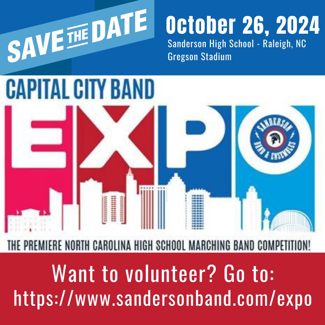 SpartanTweets's tweet photo. Save the date for the 27th Annual Capital City Band Expo at Sanderson High School!
- October 26 in Gregson Stadium
If you would like to volunteer, or just learn more about this event, go to:
https://t.co/ZjfHWJyHYu https://t.co/P0YGWNsWnd