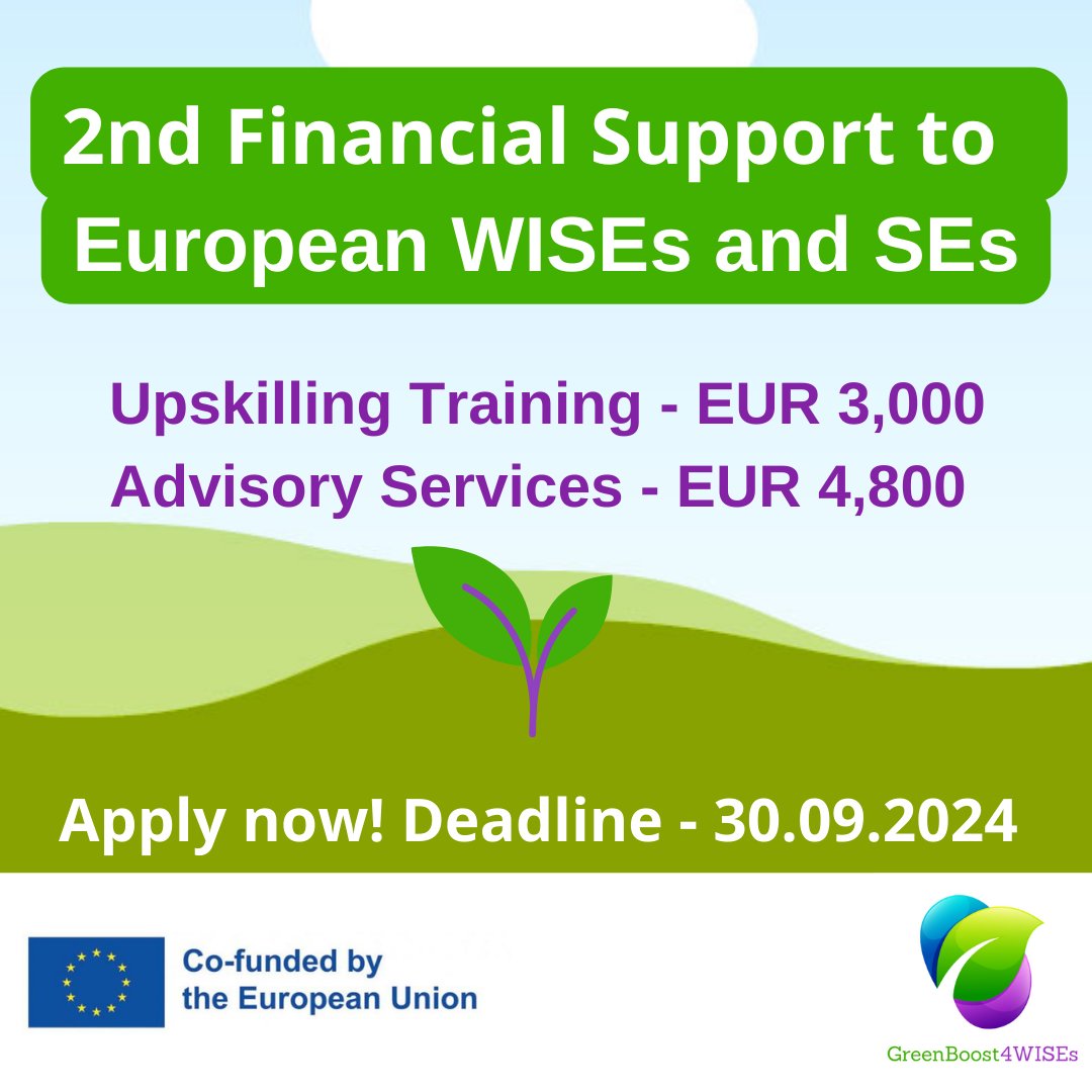 🚨 LAST CALL! #GreenBoost4WISEs 🌿
Up to 60 WISEs/SEEs can receive: 💼 €3,000 for Upskilling &amp; Training 📊 €4,800 for Advisory Services
Help your org adopt greener practices!

⏳ Apply by 30.09.2024 🔗 Guidelines: bit.ly/3XCJuJf🔗 Official Call: bit.ly/4gI85EY